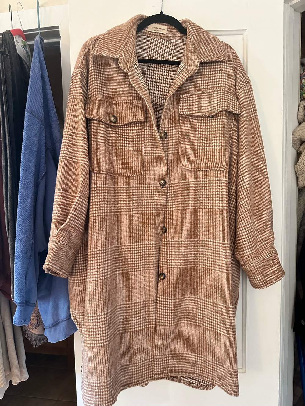 Oversized Plaid Shacket Jacket - Brown/Cream